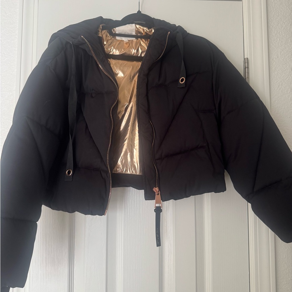 Black Puffer Jacket with Gold Lining